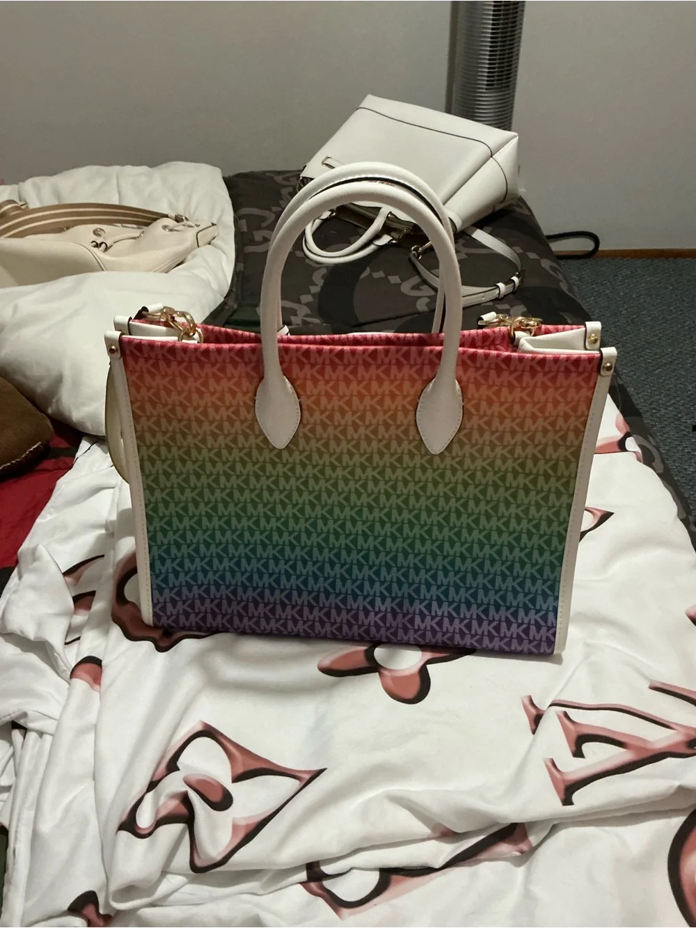 Michael Kors Rainbow Monogram Tote with White Trim